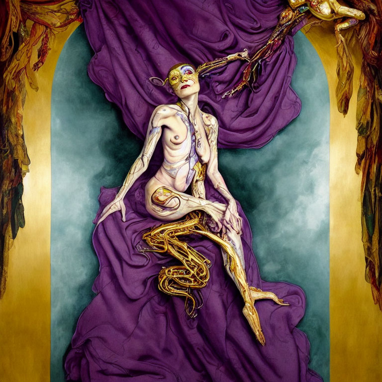 Elfin creature in purple cloth with gold accents on surreal background