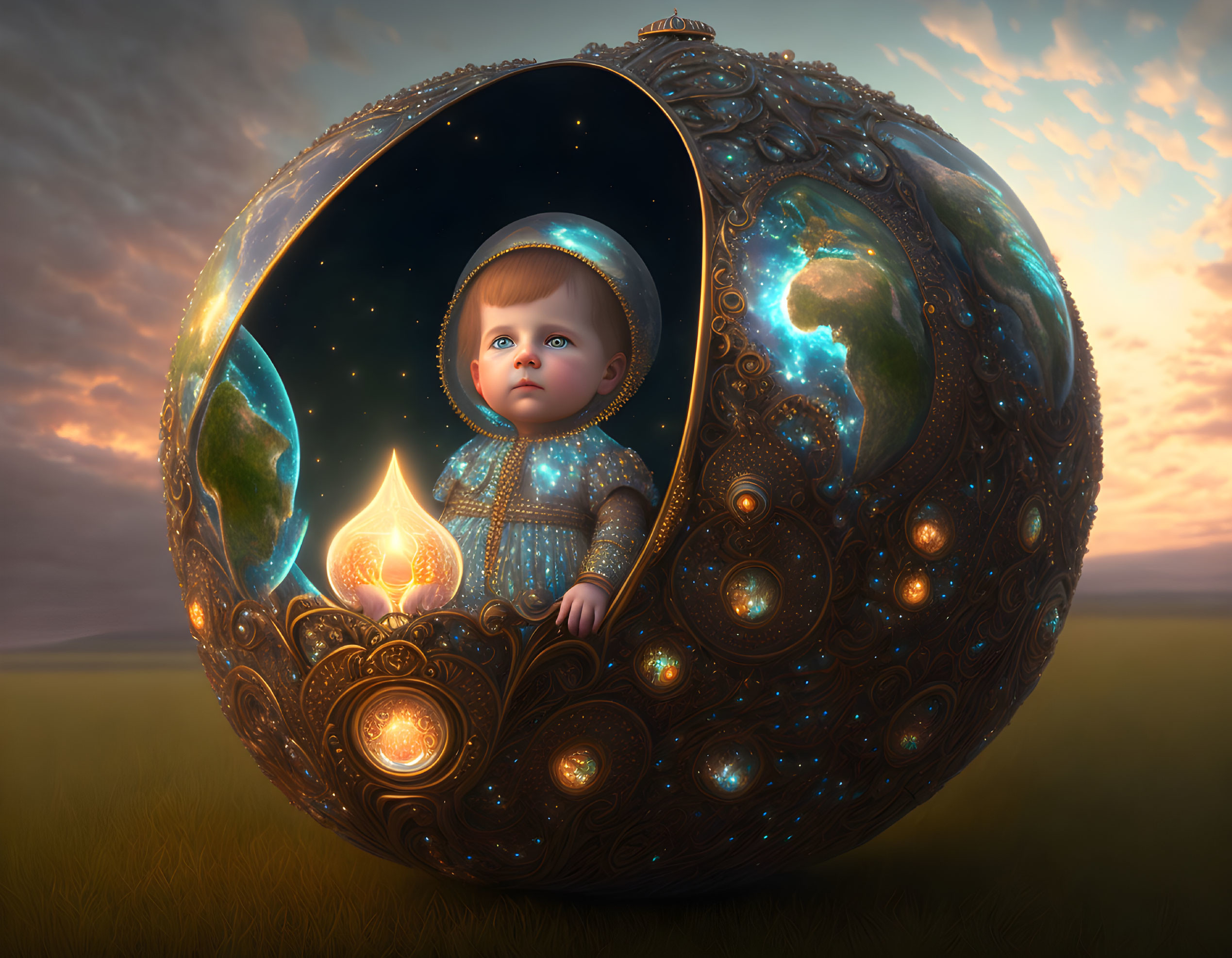 Toddler in spacesuit inside ornate egg-shaped vessel with candle, stars and planets.