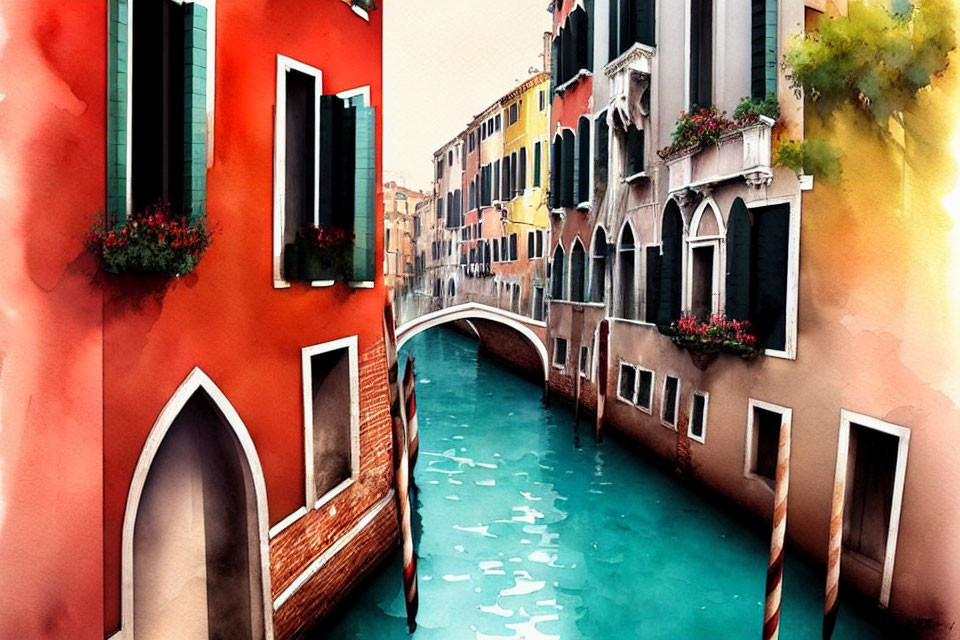 Colorful Watercolor Painting of Venetian Canal & Arched Bridge