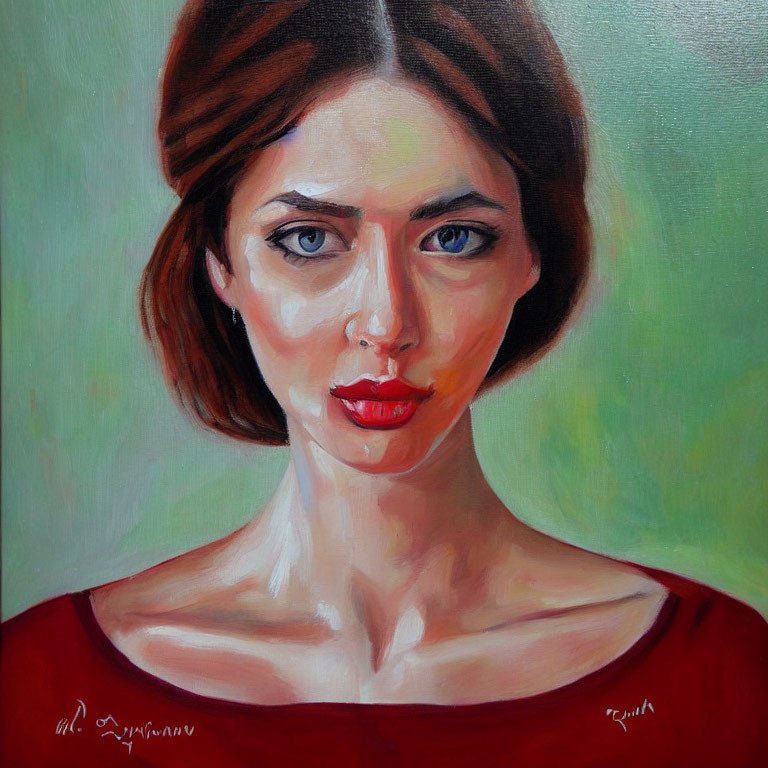 Realistic portrait of woman with short brown hair and red lips on greenish background