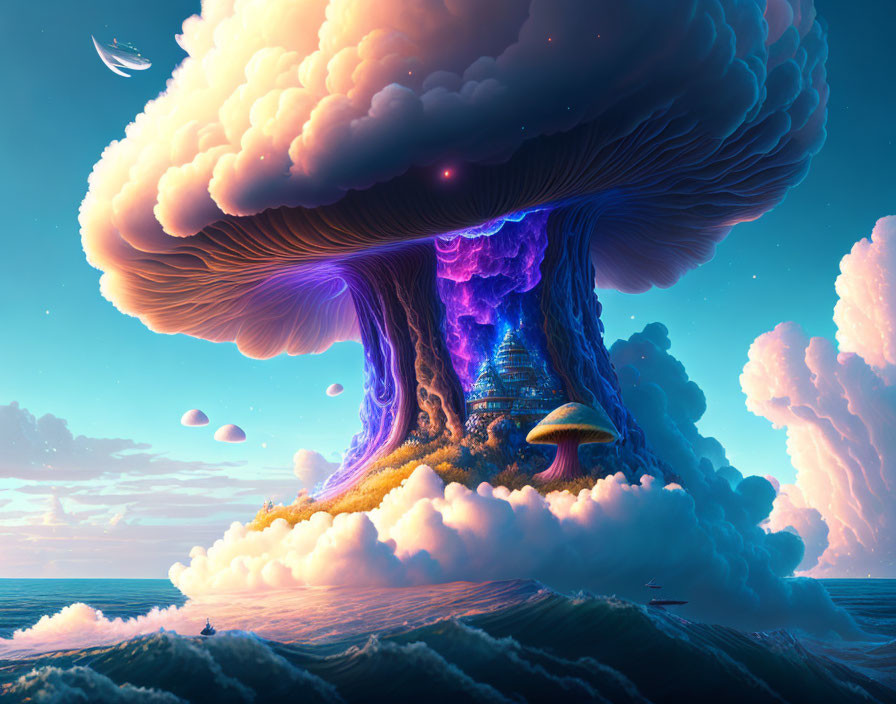 Fantastical landscape with mushroom cloud and spaceship in surreal scene