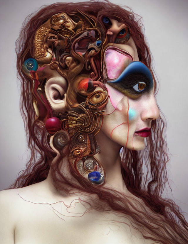 Surreal portrait featuring woman with intricate eye, mechanical, and abstract elements