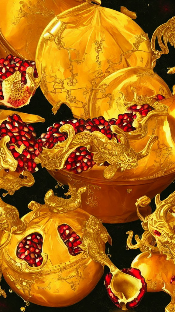 Intricate Golden Pomegranates & Ornaments on Black Background