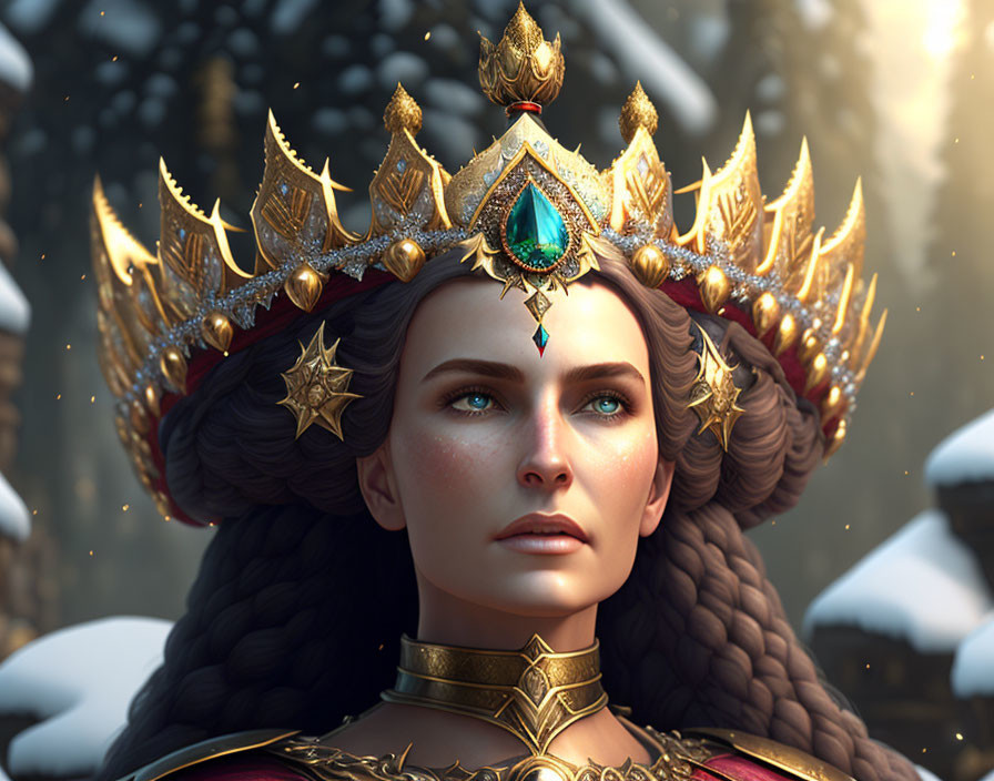 Regal woman with braided hair in gold crown with stars and green gem, in forest sunlight.