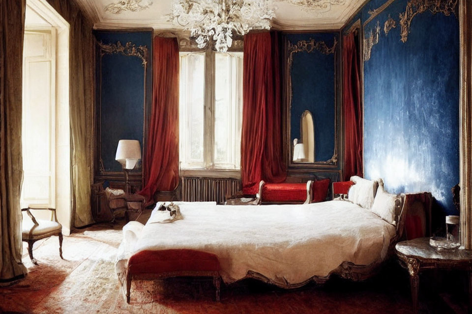 Luxurious Vintage Bedroom with Blue Walls and Antique Furniture