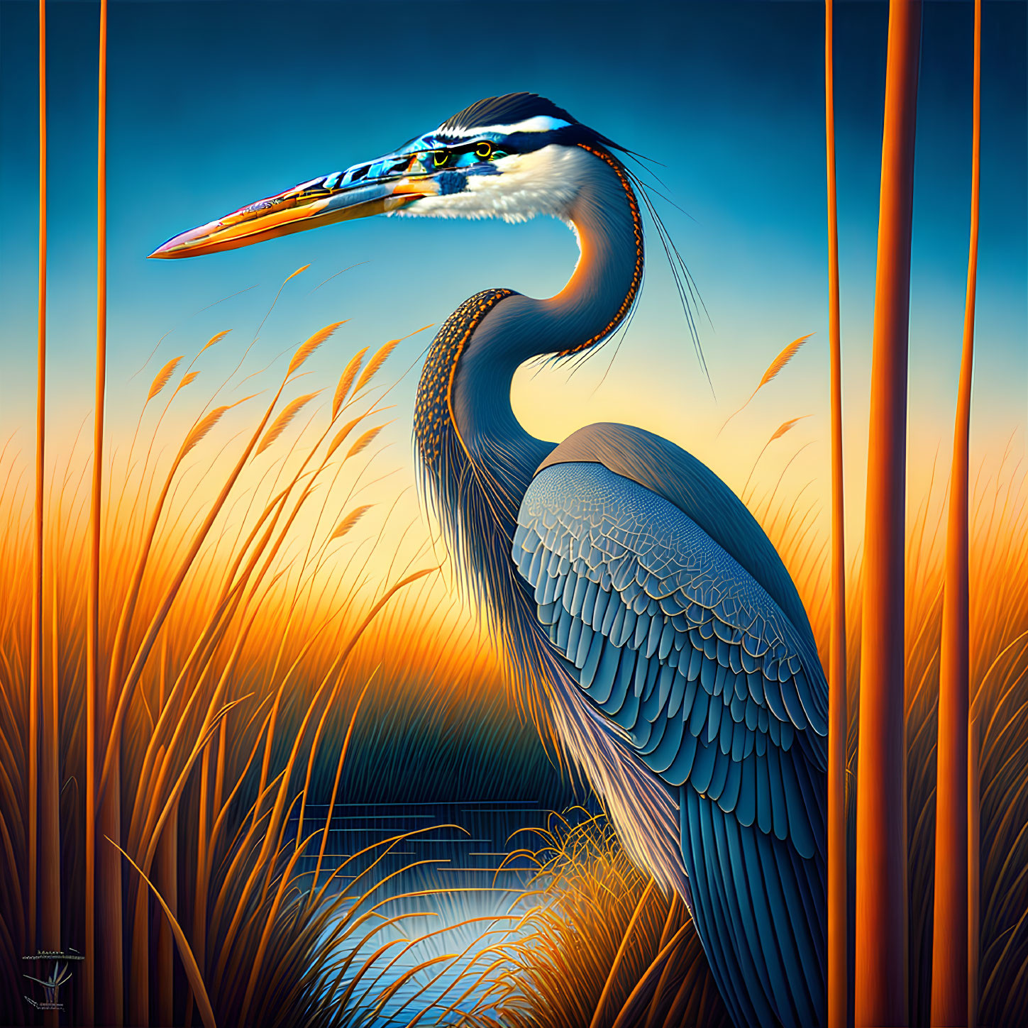 Detailed Great Blue Heron Illustration in Sunset Setting