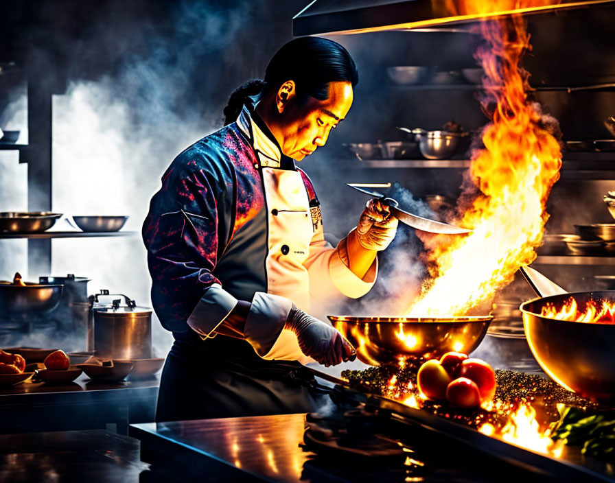 Chef Stir-Frying with Large Flame in Dimly Lit Kitchen