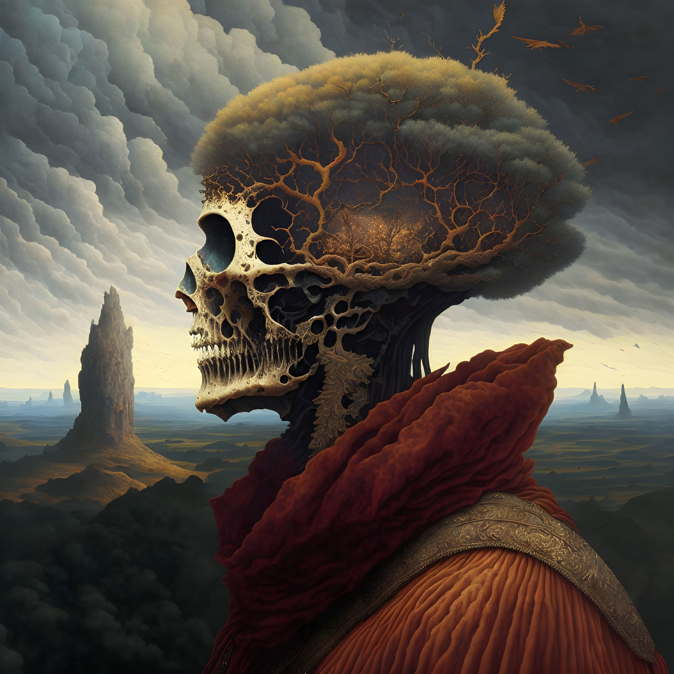 Surreal skull portrait with tree branches brain, red robe, stormy landscape