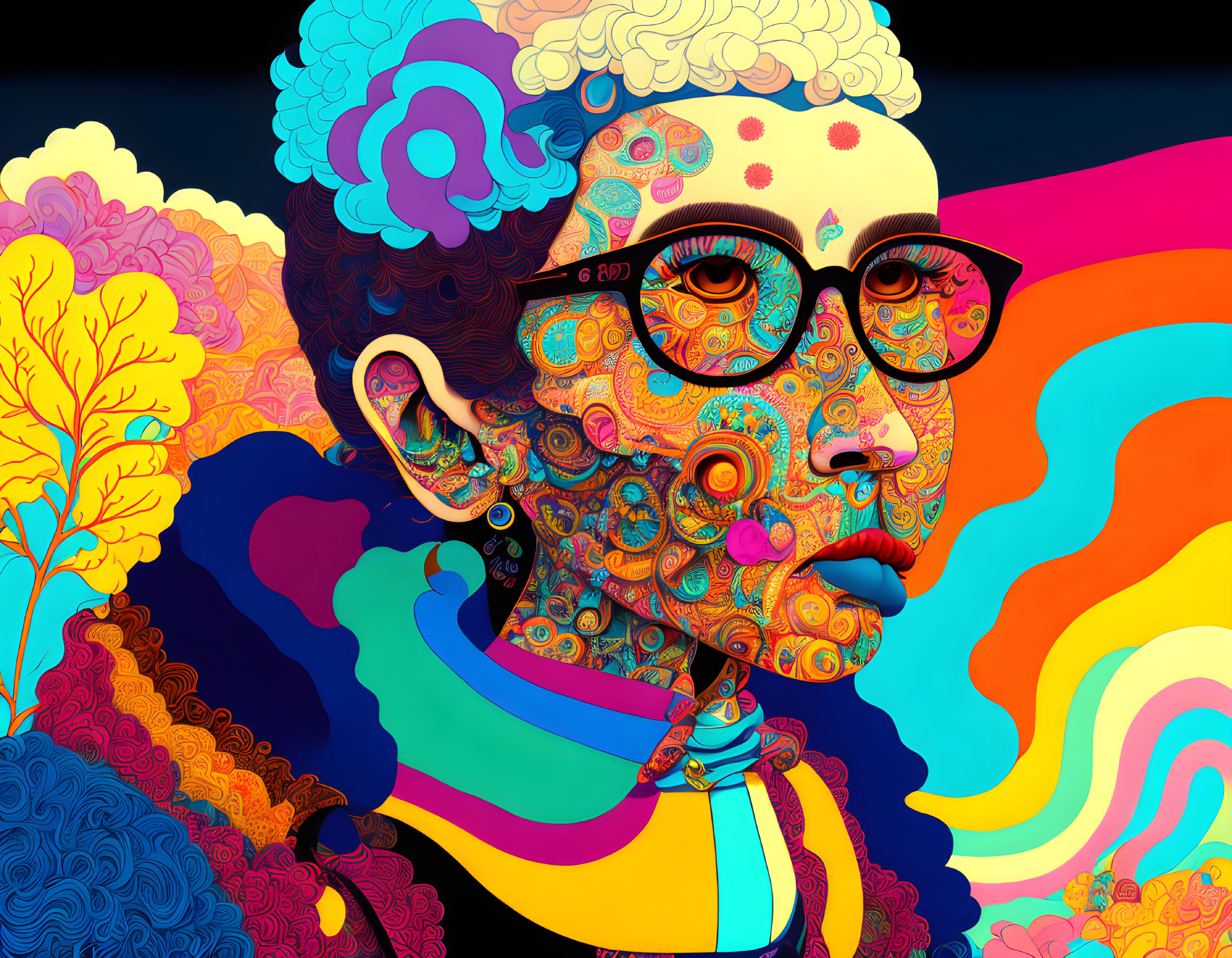 Colorful portrait with glasses and psychedelic pattern on face