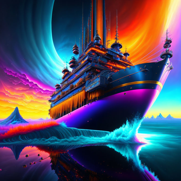 Futuristic ship in colorful surreal landscape