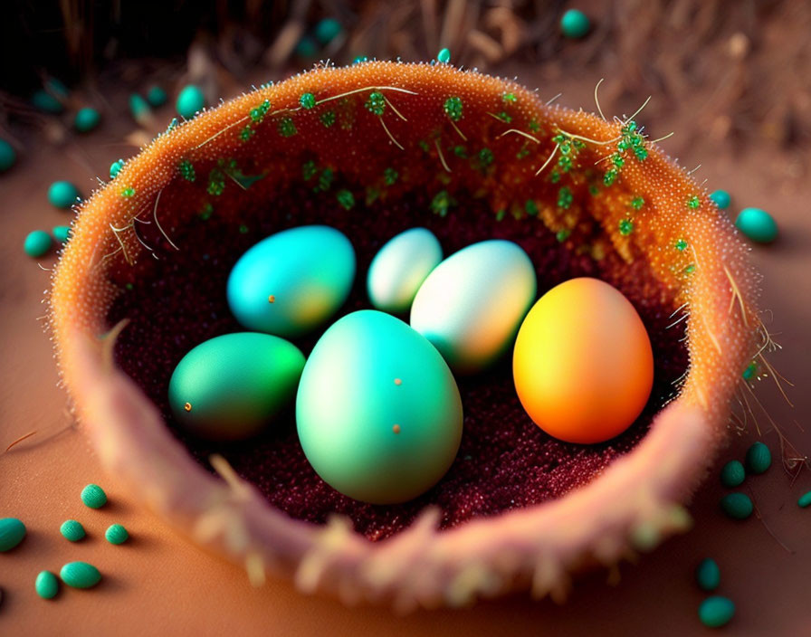 Vibrant Easter eggs in colorful plant pod with green spheres.