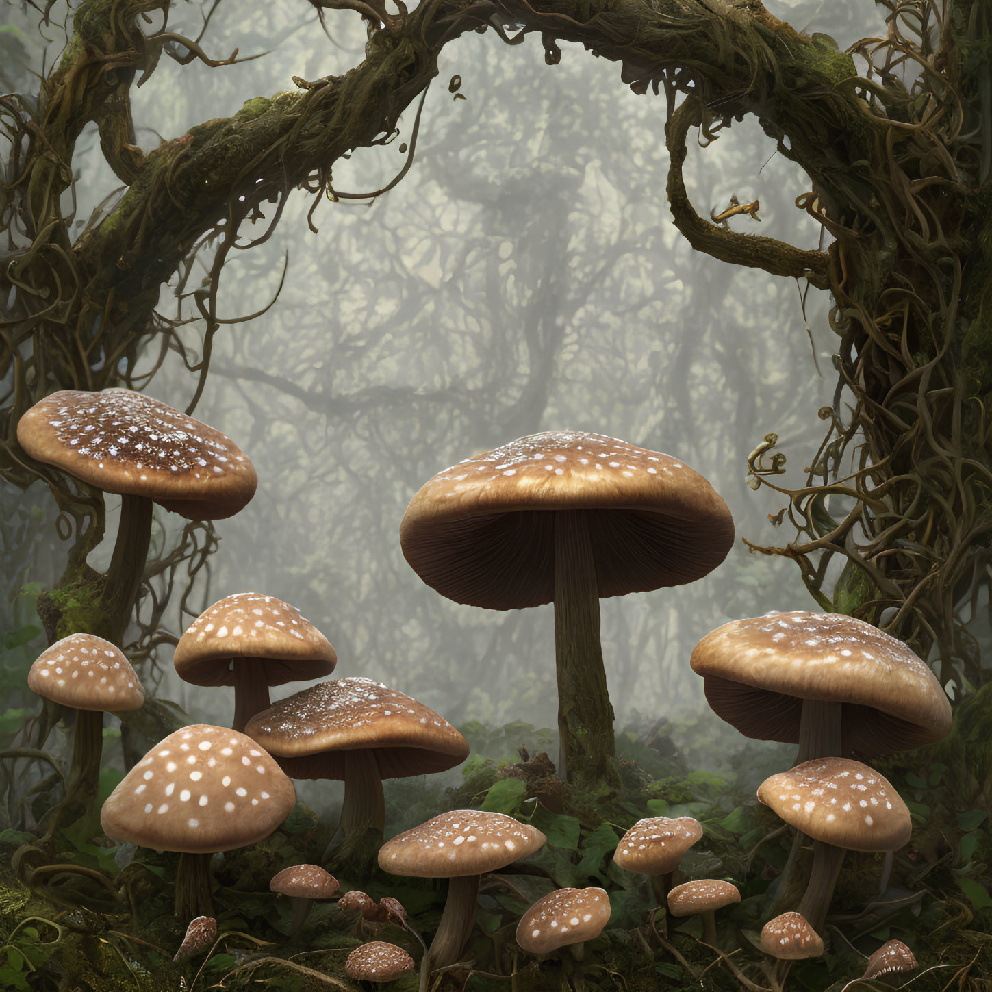 Enchanting forest scene with towering mushrooms and twisting vines