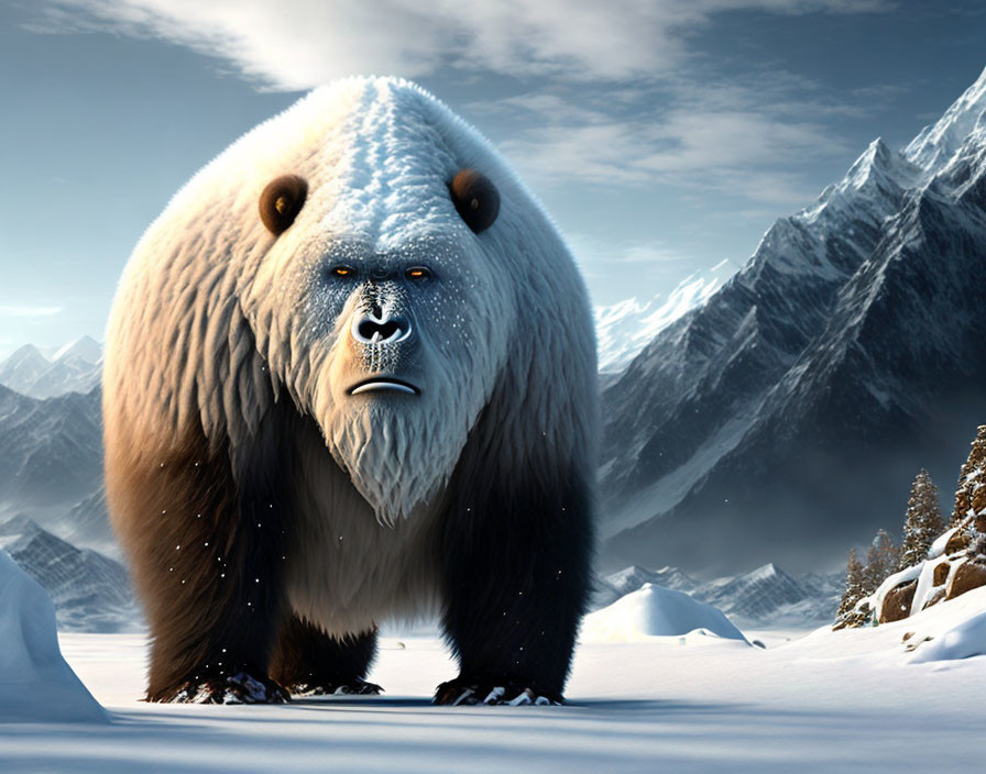 Large Bear-Like Creature with Nose Ring in Snowy Mountain Landscape