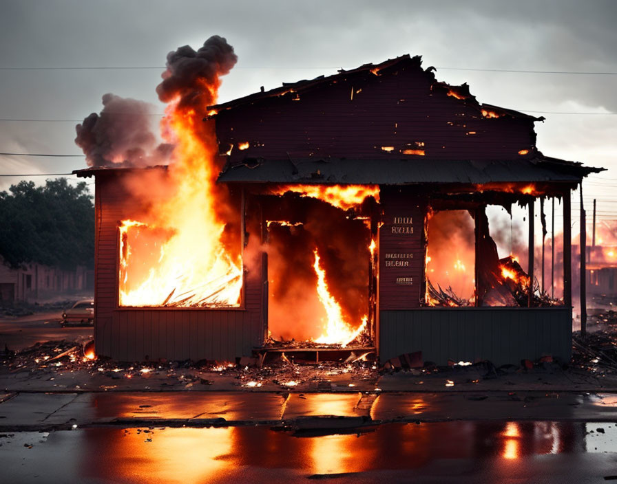 Flaming building with smoke under twilight sky