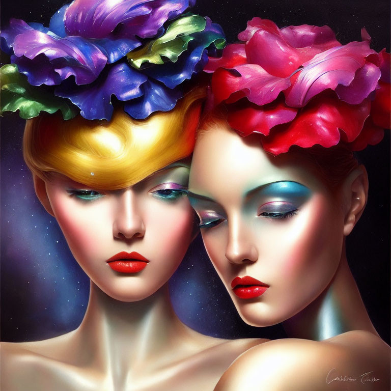 Stylized women with vibrant makeup and flower crowns in starry setting