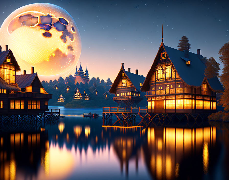 Tranquil illuminated houses by lake at dusk with fantastical moon & airships