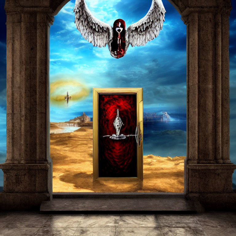 Surreal artwork: winged skull over door, desert and ocean landscapes, dramatic sky