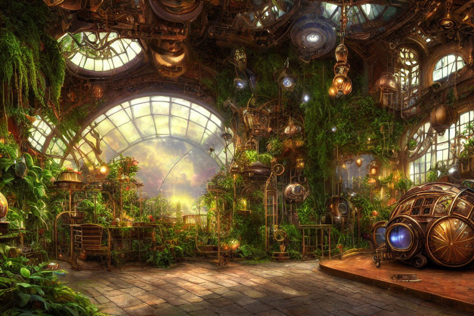 Vibrant steampunk greenhouse with lush plants and intricate metalwork