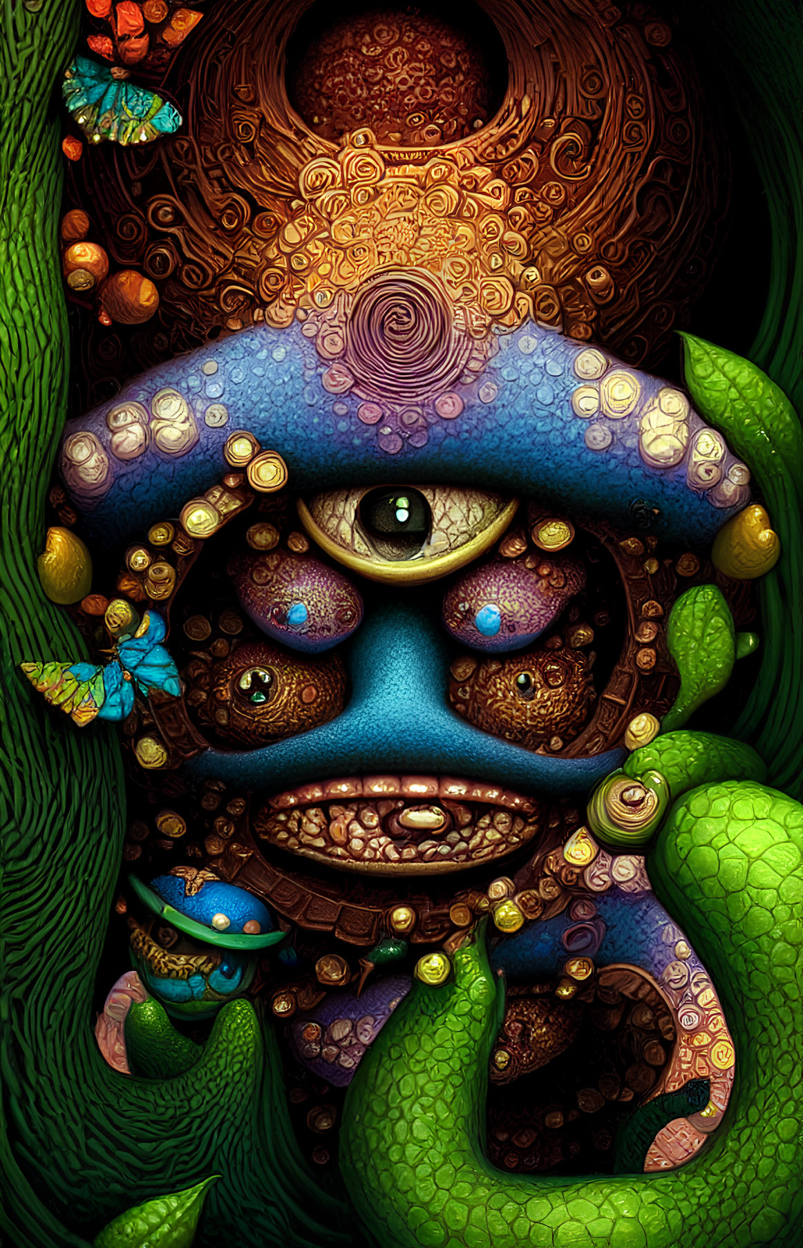 Colorful fantastical forest entity with singular eye in vibrant illustration