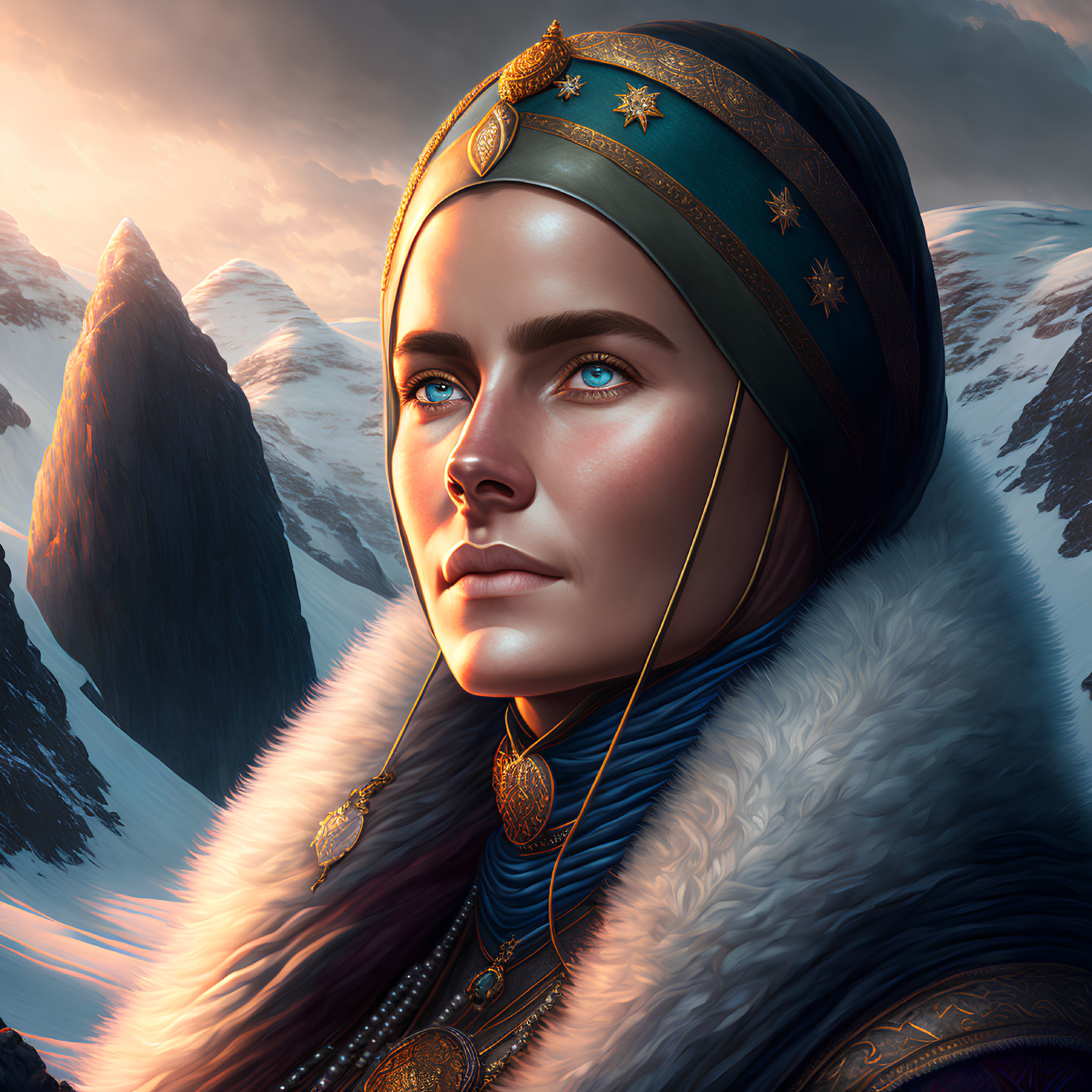 Detailed digital portrait of a woman with blue eyes, ornate headgear, fur, and mountain backdrop