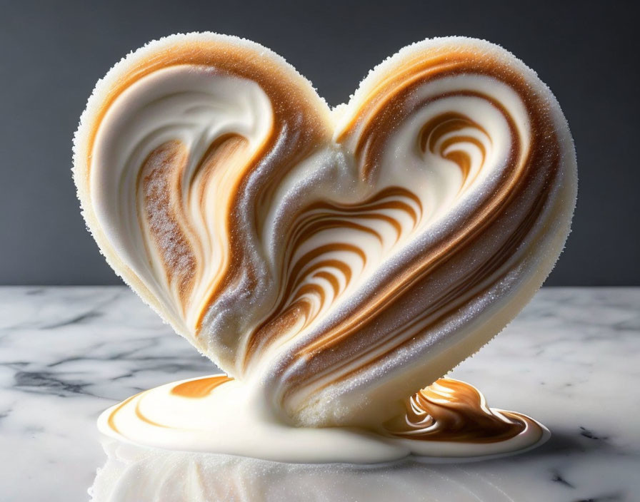 Heart-shaped Latte Art with Frothy Layers on Marble Surface