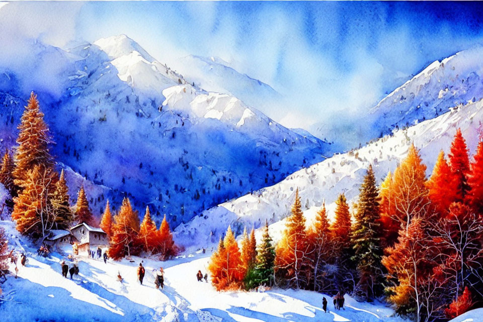 Snowy mountain landscape with evergreen and autumn trees in watercolor.