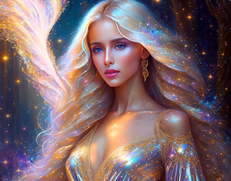 Ethereal Woman with Luminous Hair and Cosmic Aura