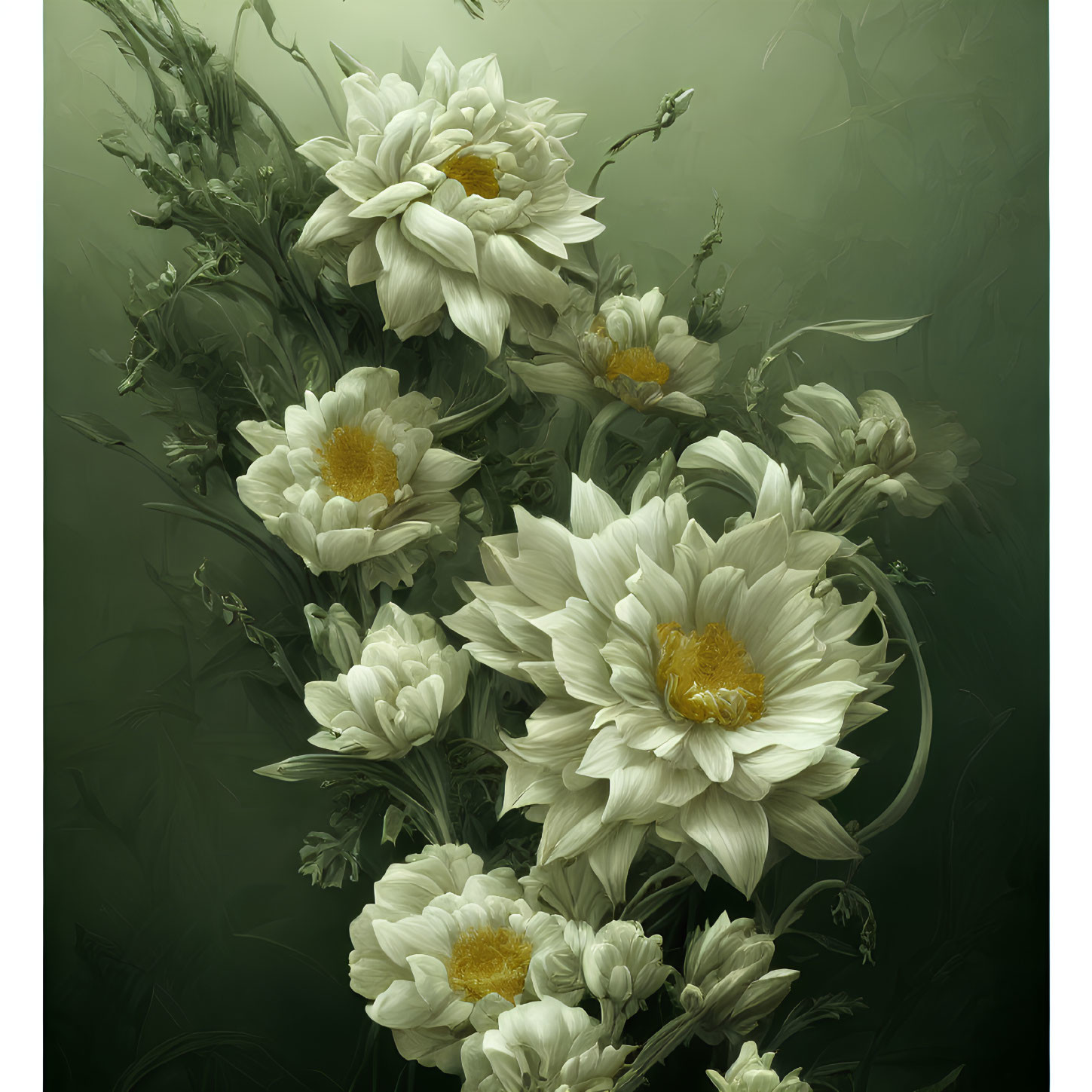 White Peonies with Yellow Centers on Moody Green Background