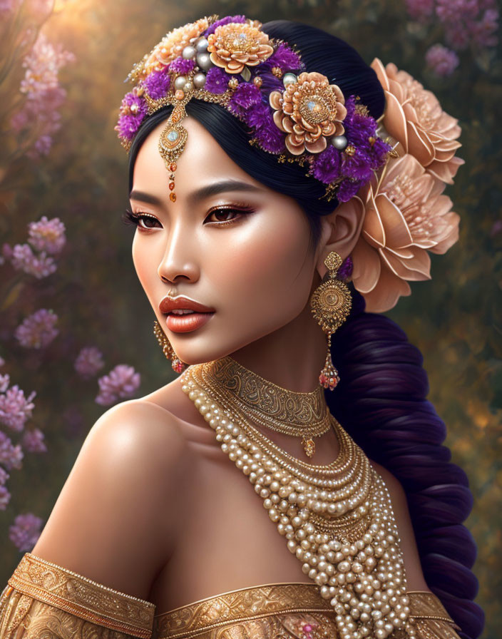 Detailed digital artwork of woman with gold jewelry and floral hair accessories