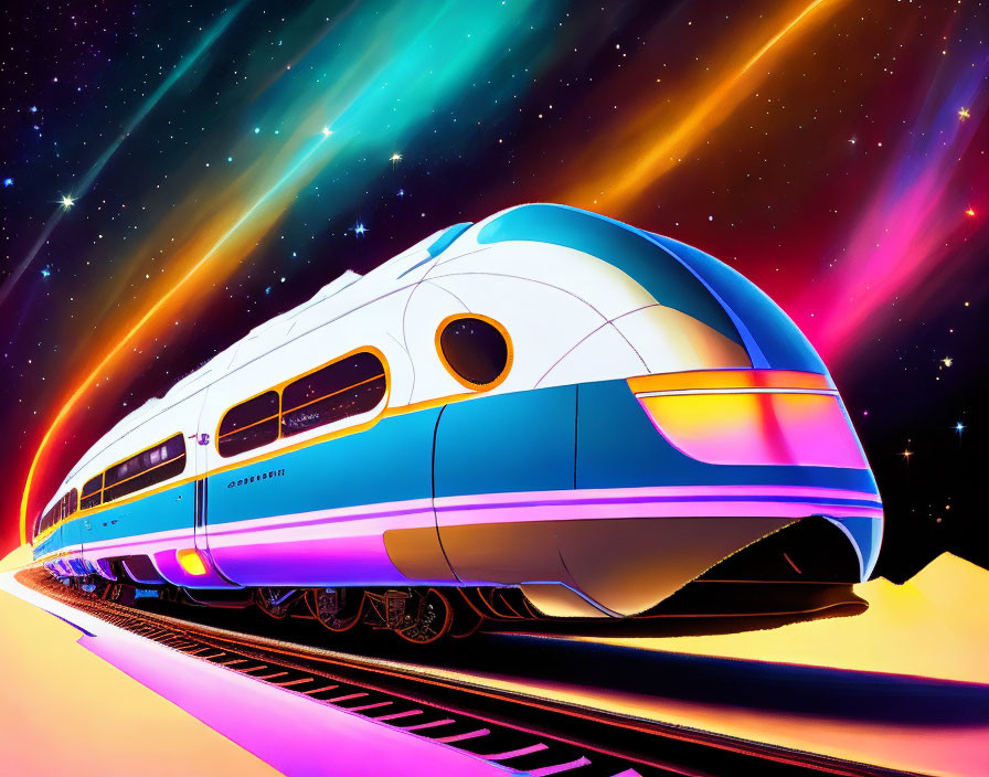 Futuristic train on vibrant track under colorful sky