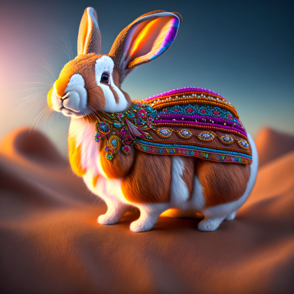 Colorful Beaded Rabbit in Desert Landscape at Golden Hour