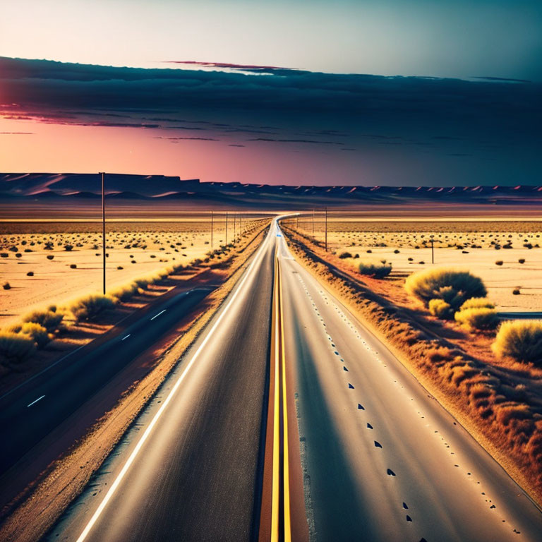 Desert highway landscape at sunset with vibrant sky and shrubs