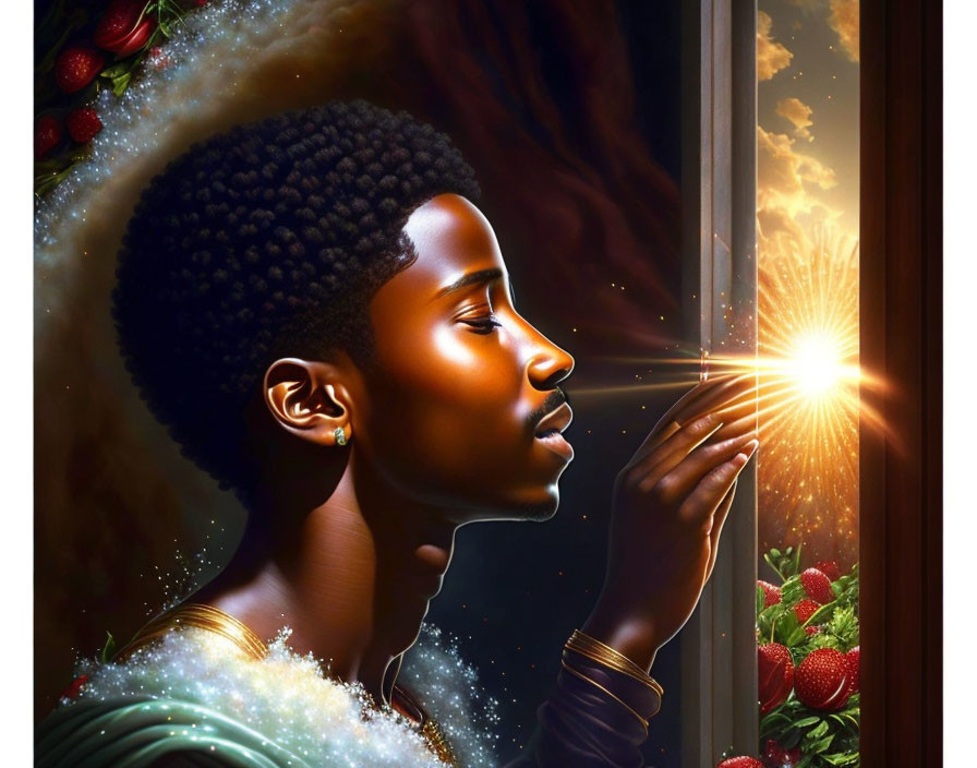 Person with Golden Earring Gazing at Radiant Light and Floral Window