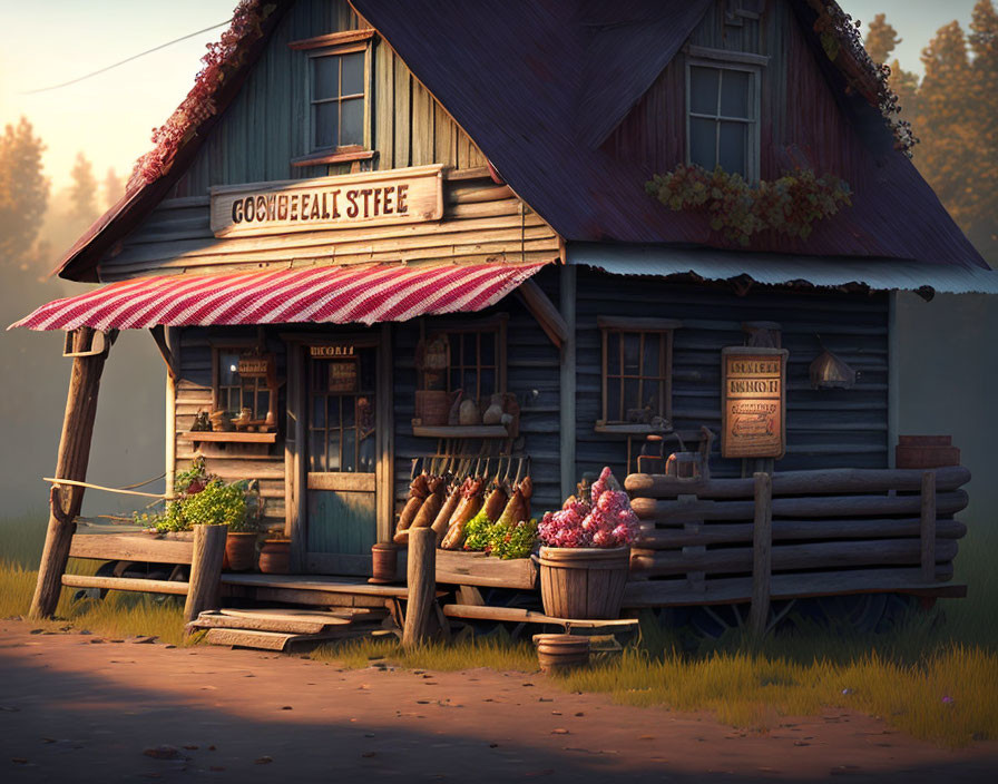 Rustic wooden shop with striped awning selling fresh produce