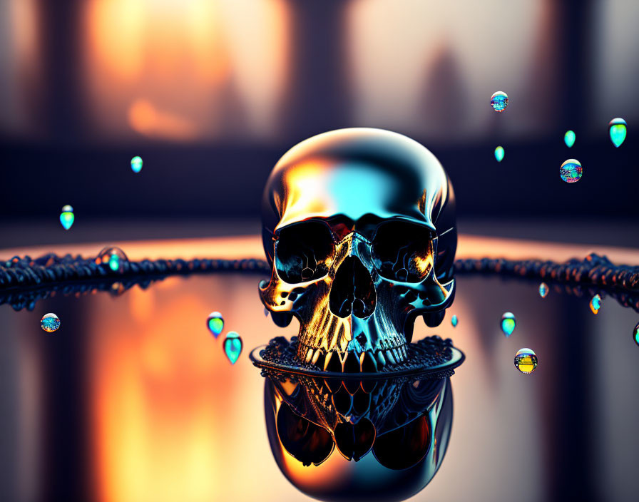 Skull Reflecting in Water with Fiery Background