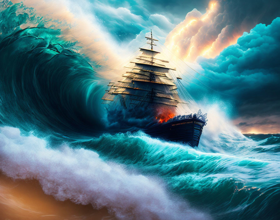 Sailing ship in turbulent waves under dramatic sky