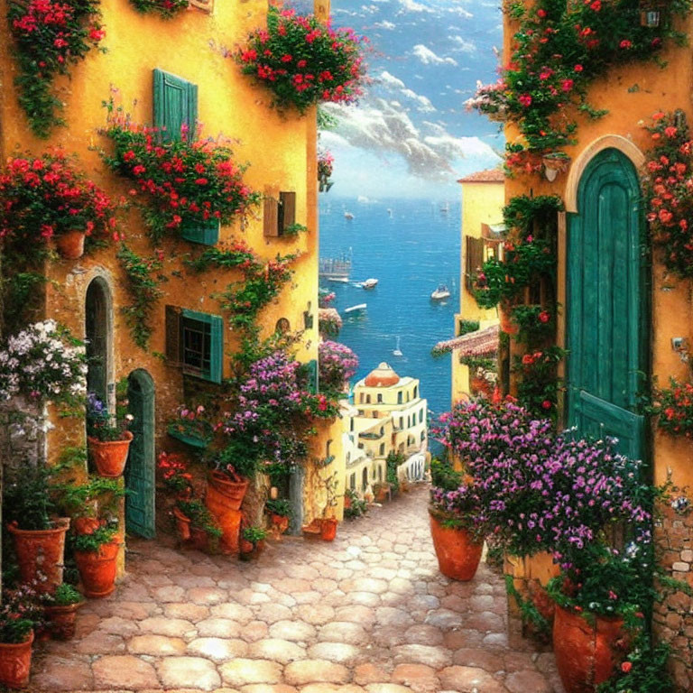 Scenic cobblestone alley with flowers, sea view, boats, yellow walls