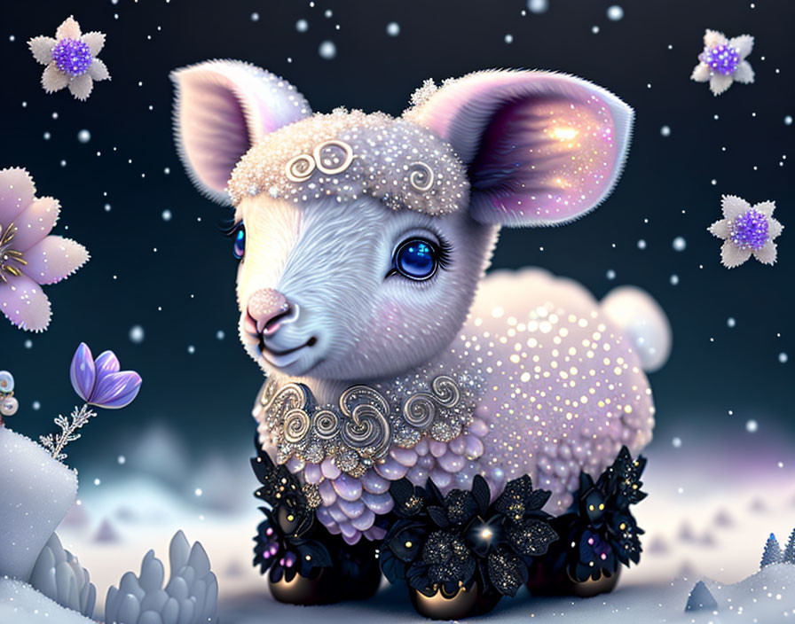 Sparkling ornate lamb digital artwork under starry snowy sky