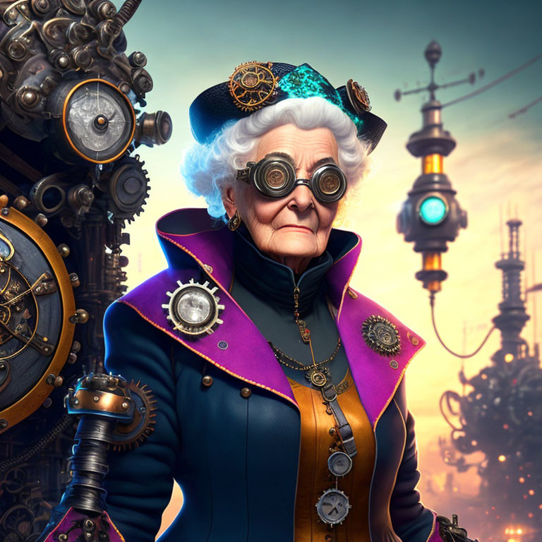 Elderly woman in steampunk attire with purple coat and goggles