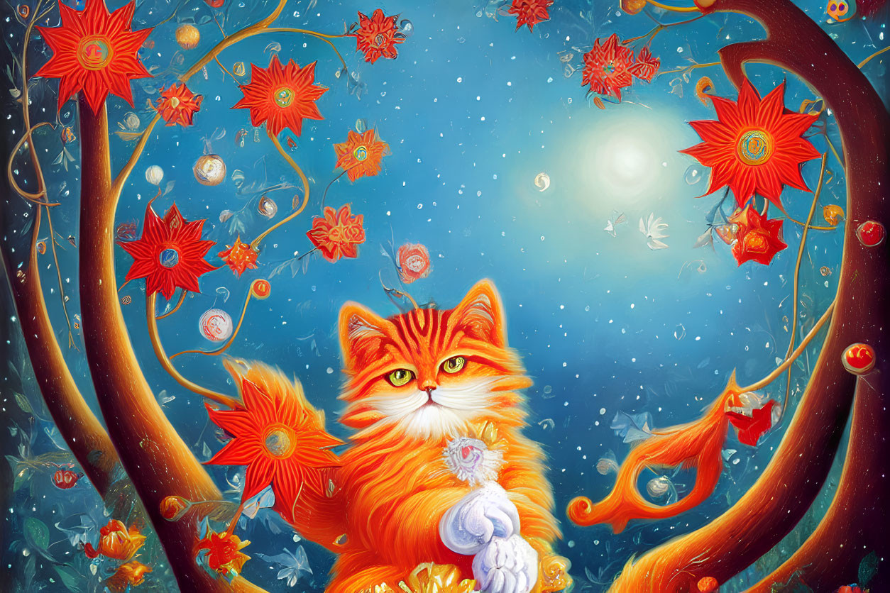 Colorful illustration of large orange cat in whimsical forest setting