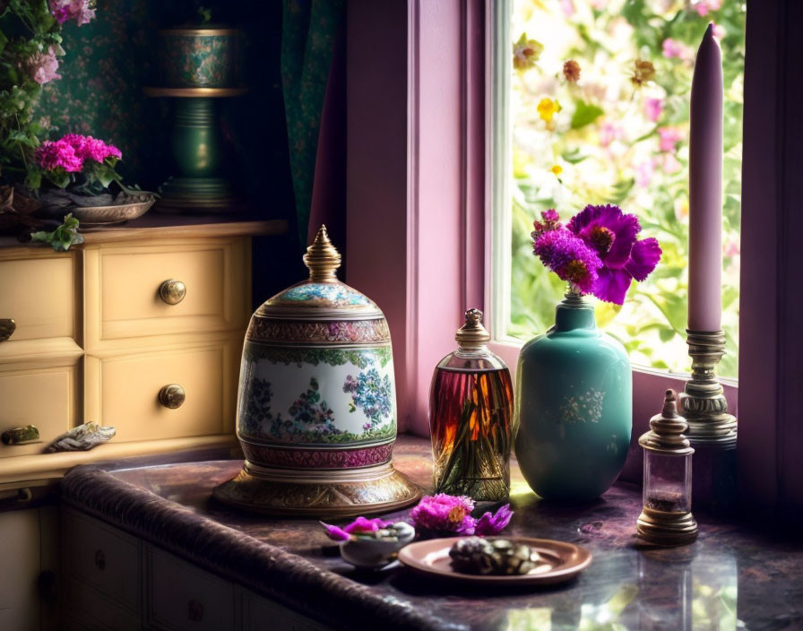 Interior scene with decorative vases, candle, flowers, vintage dresser, and garden view.