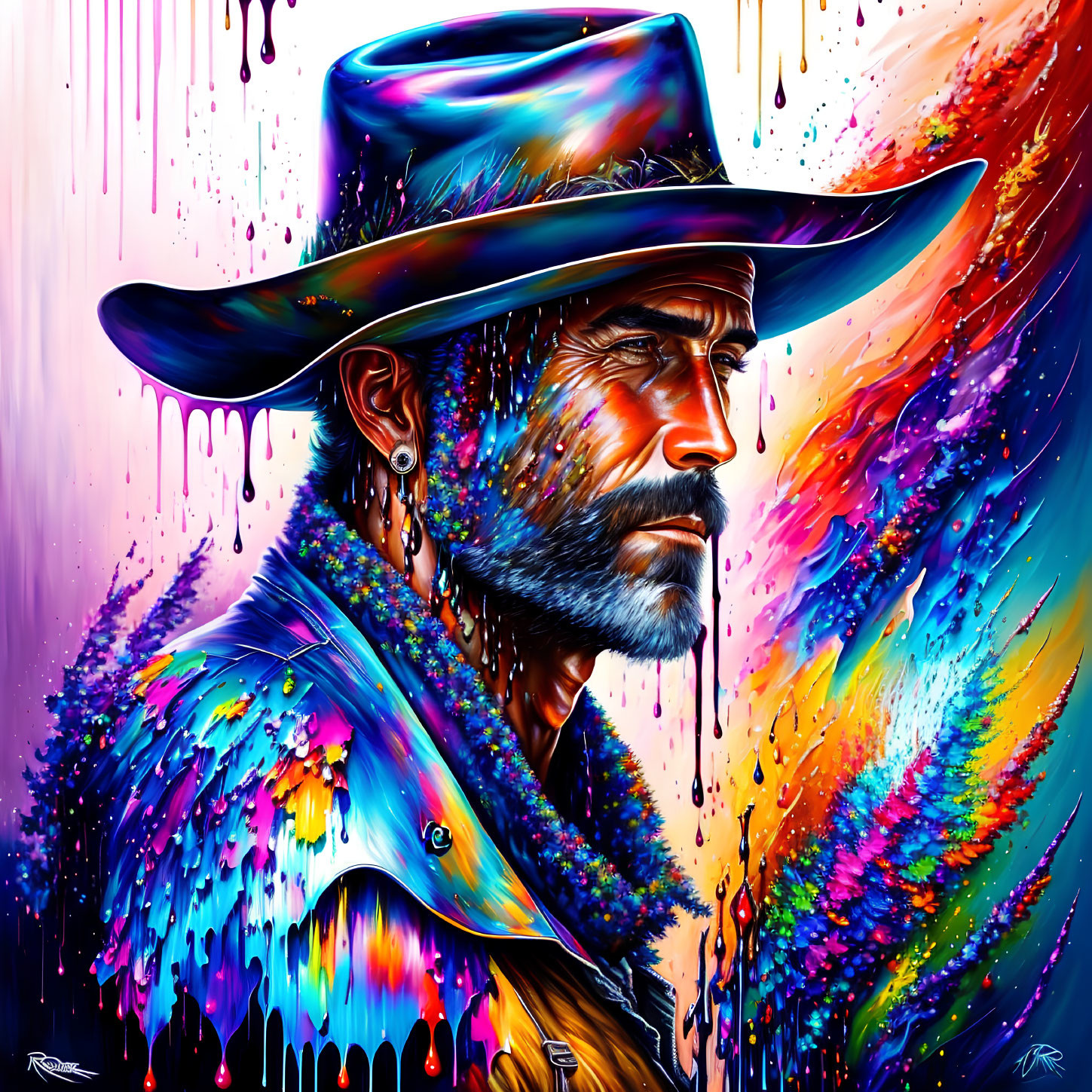 Colorful artwork featuring a bearded man in a cowboy hat with melting hues.