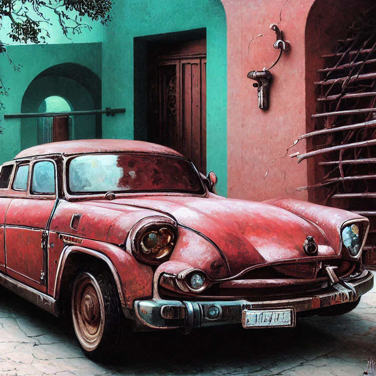 Vintage Red Car Parked Beside Pastel-Colored Building