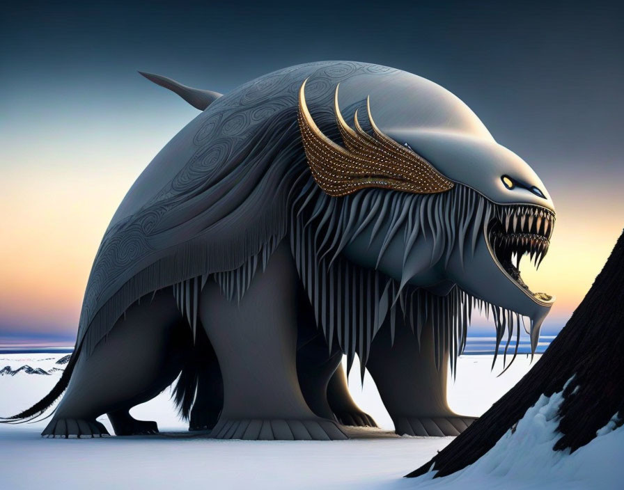 Large furred beast with sharp teeth and ornate tusks in arctic twilight