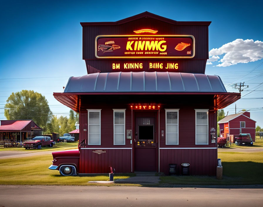 Vintage Diner with Red Exterior, Neon Signs, and Classic Car in Front