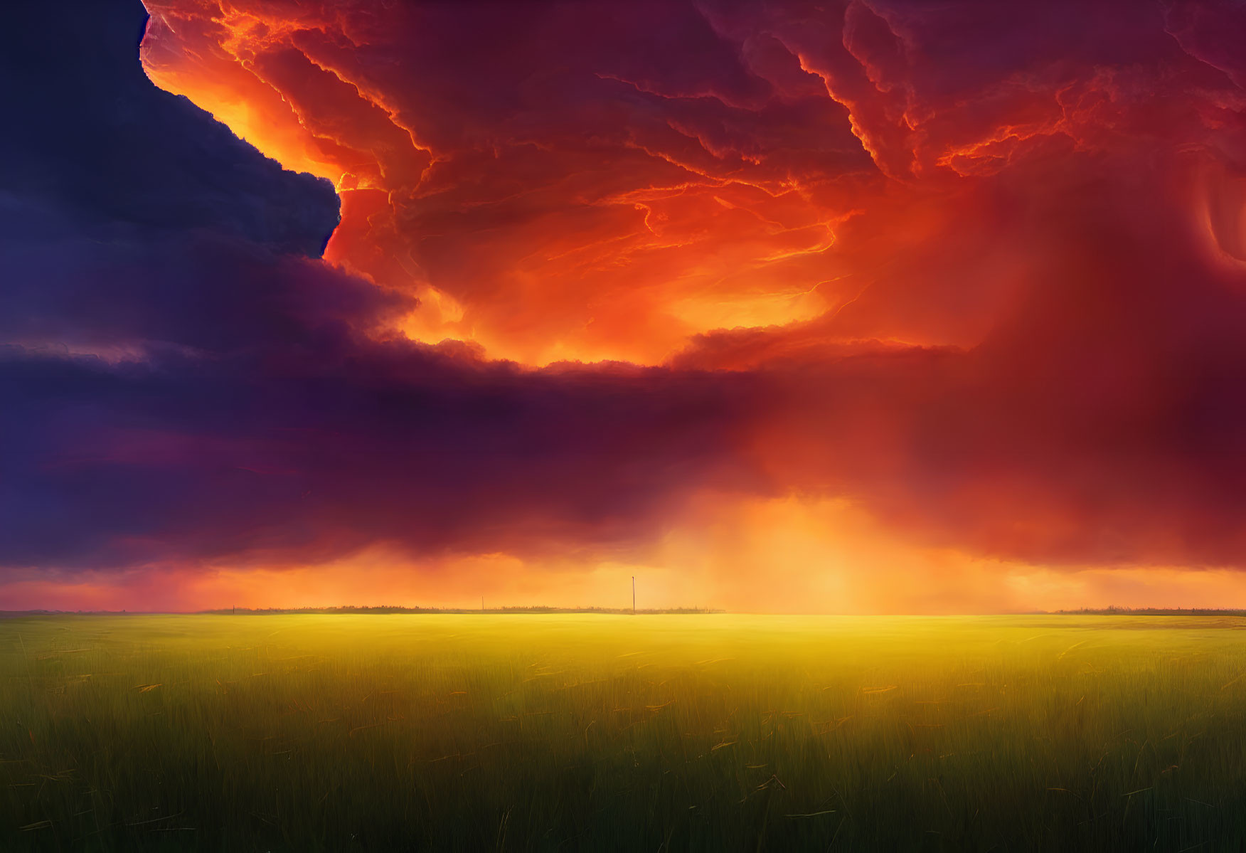 Vivid sunset with fiery orange and red storm clouds over green field