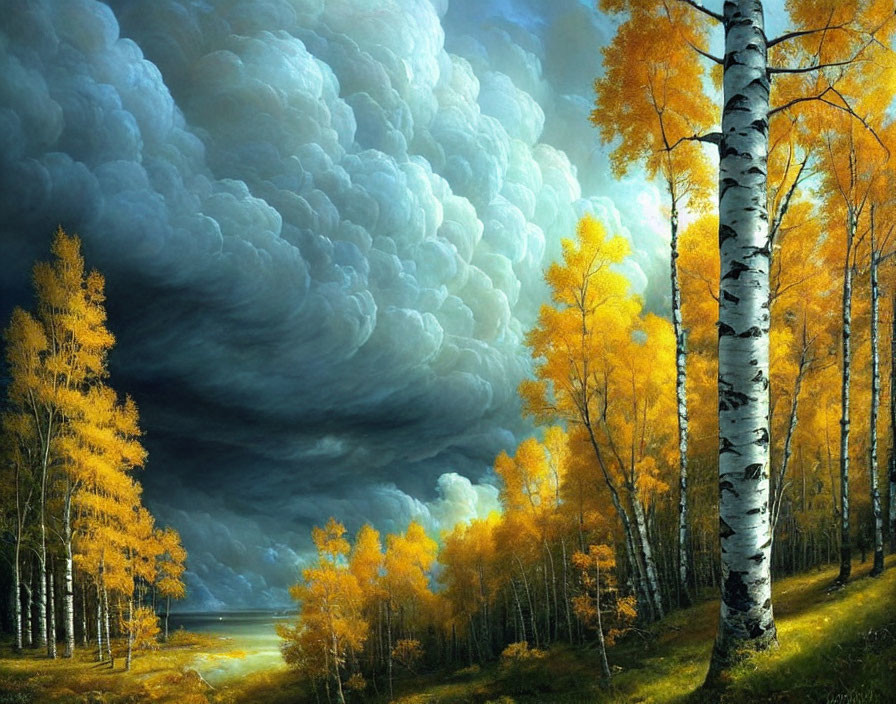 Vibrant autumn trees in dramatic landscape under stormy sky