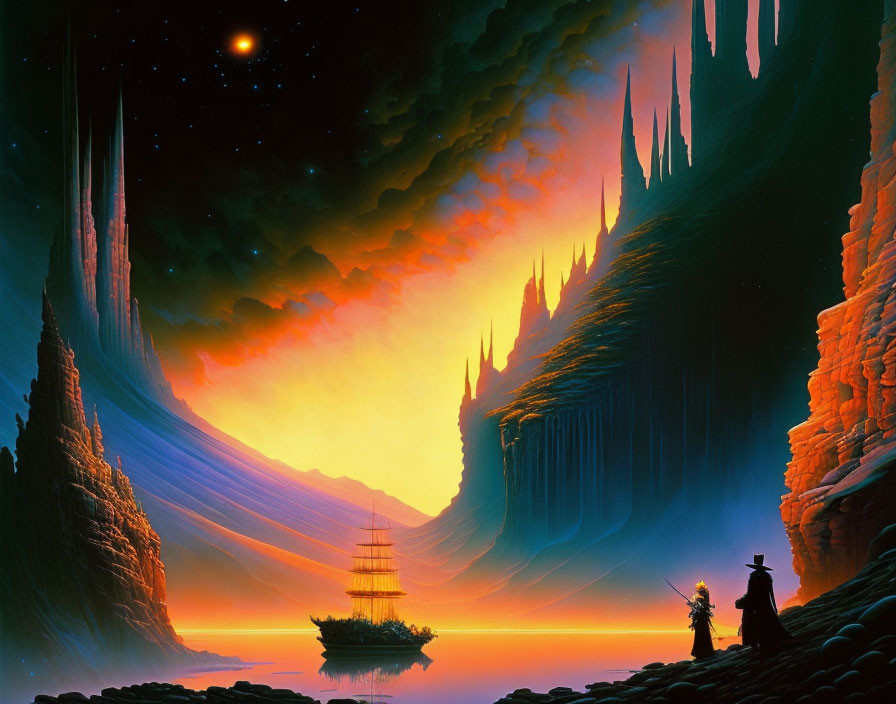 Colorful alien seascape with sailing ship and silhouetted figure by towering spires