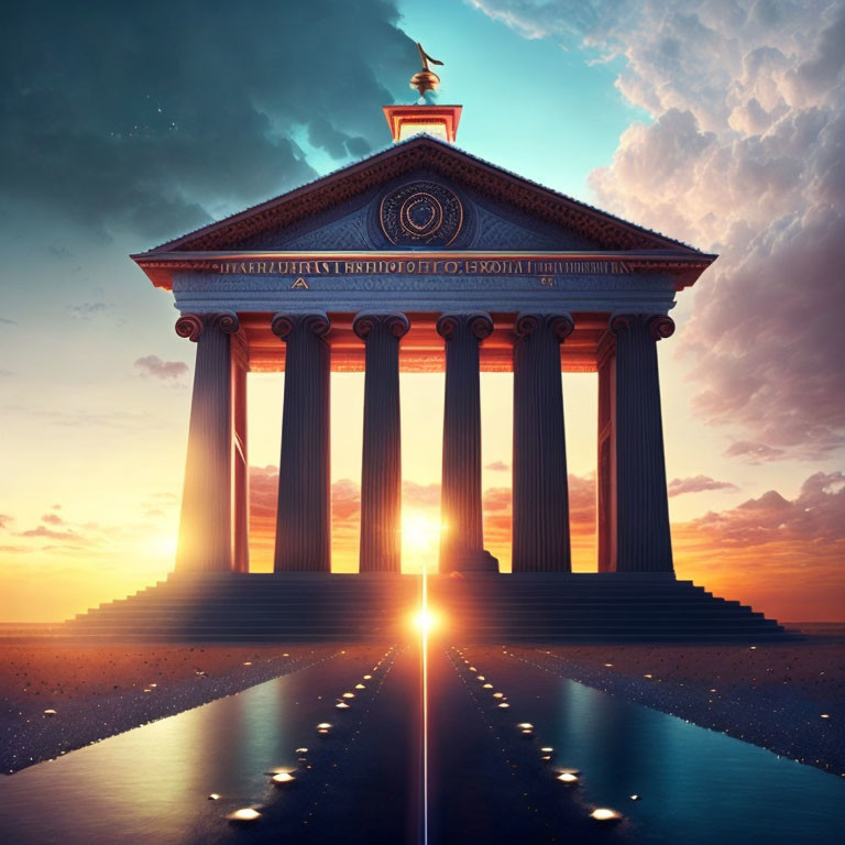 Sunset Reflection of Classical Building with Columns in Water