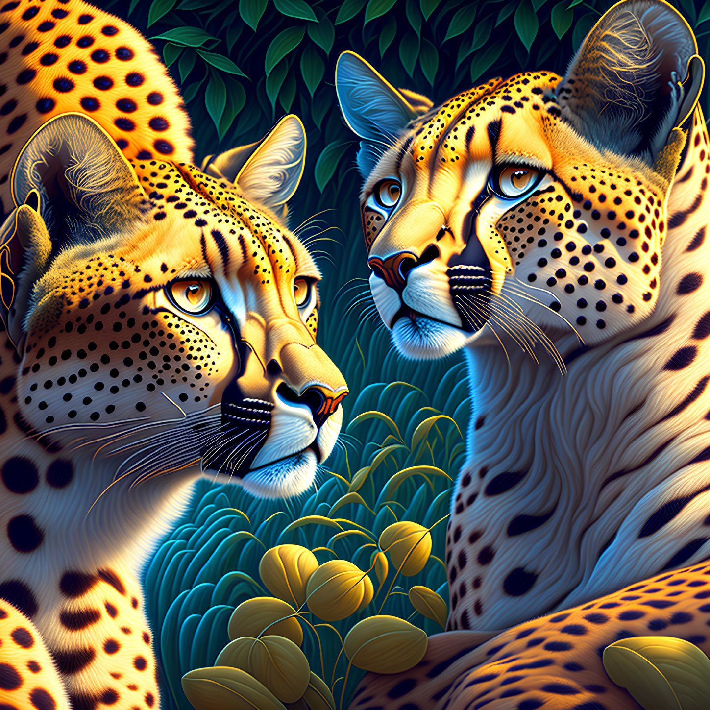 Detailed Digital Art: Luminescent Cheetahs in Green Foliage